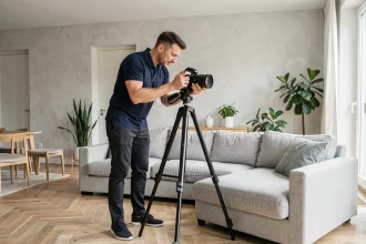 Photographe immobilier professionnel installant son appareil photo sur trépied dans un salon moderne pour une visite virtuelle 360°
