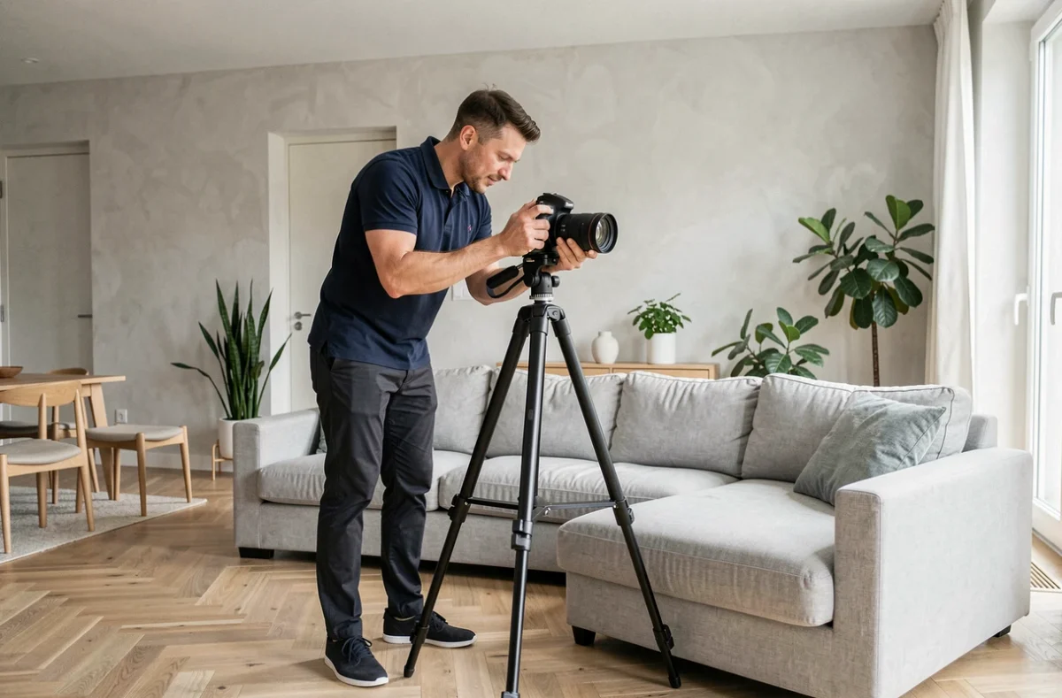 Photographe immobilier professionnel installant son appareil photo sur trépied dans un salon moderne pour une visite virtuelle 360°