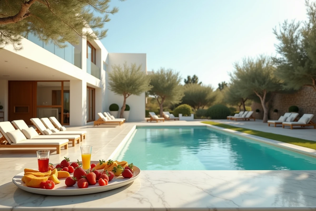 Espace piscine d'une villa privée à Ibiza aménagé pour un cocktail exclusif avec bar en marbre et décoration estivale raffinée