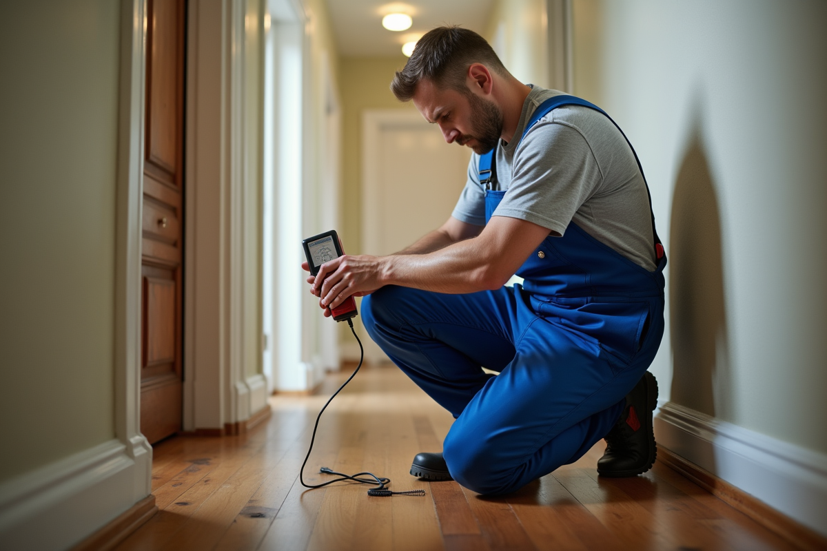 Plombier professionnel utilisant un détecteur d