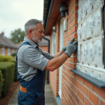 Hommes en overalls appliquant des panneaux d'isolation extérieure