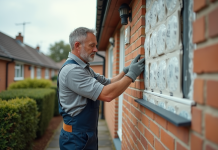 Hommes en overalls appliquant des panneaux d'isolation extérieure