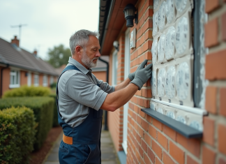 Hommes en overalls appliquant des panneaux d'isolation extérieure