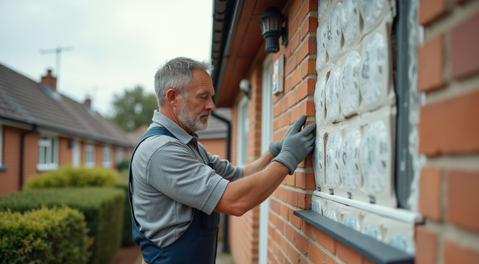 Hommes en overalls appliquant des panneaux d'isolation extérieure