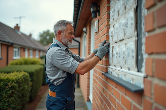 Hommes en overalls appliquant des panneaux d'isolation extérieure