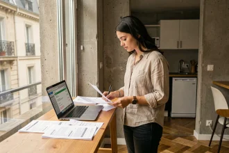 Jeune femme consultant des documents de loyer dans un petit appartement à Lyon, marché immobilier locatif