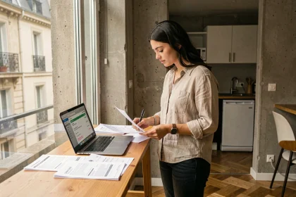 Jeune femme consultant des documents de loyer dans un petit appartement à Lyon, marché immobilier locatif