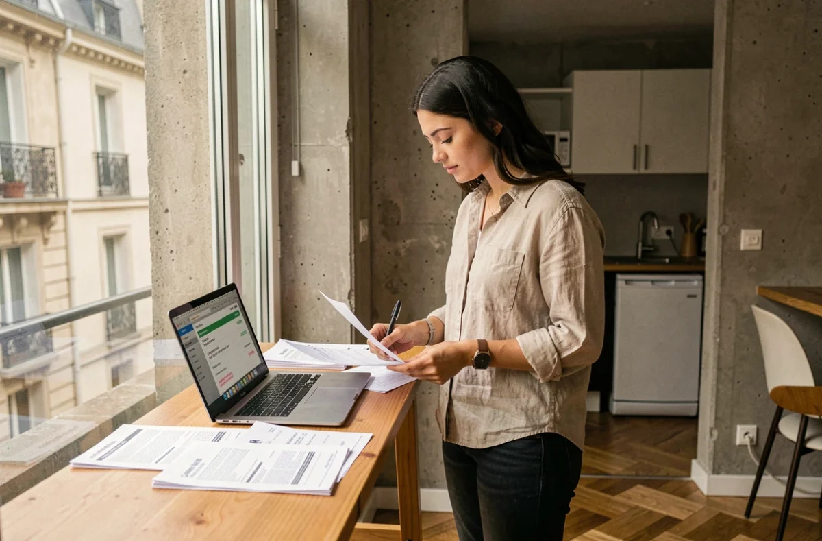Jeune femme consultant des documents de loyer dans un petit appartement à Lyon, marché immobilier locatif