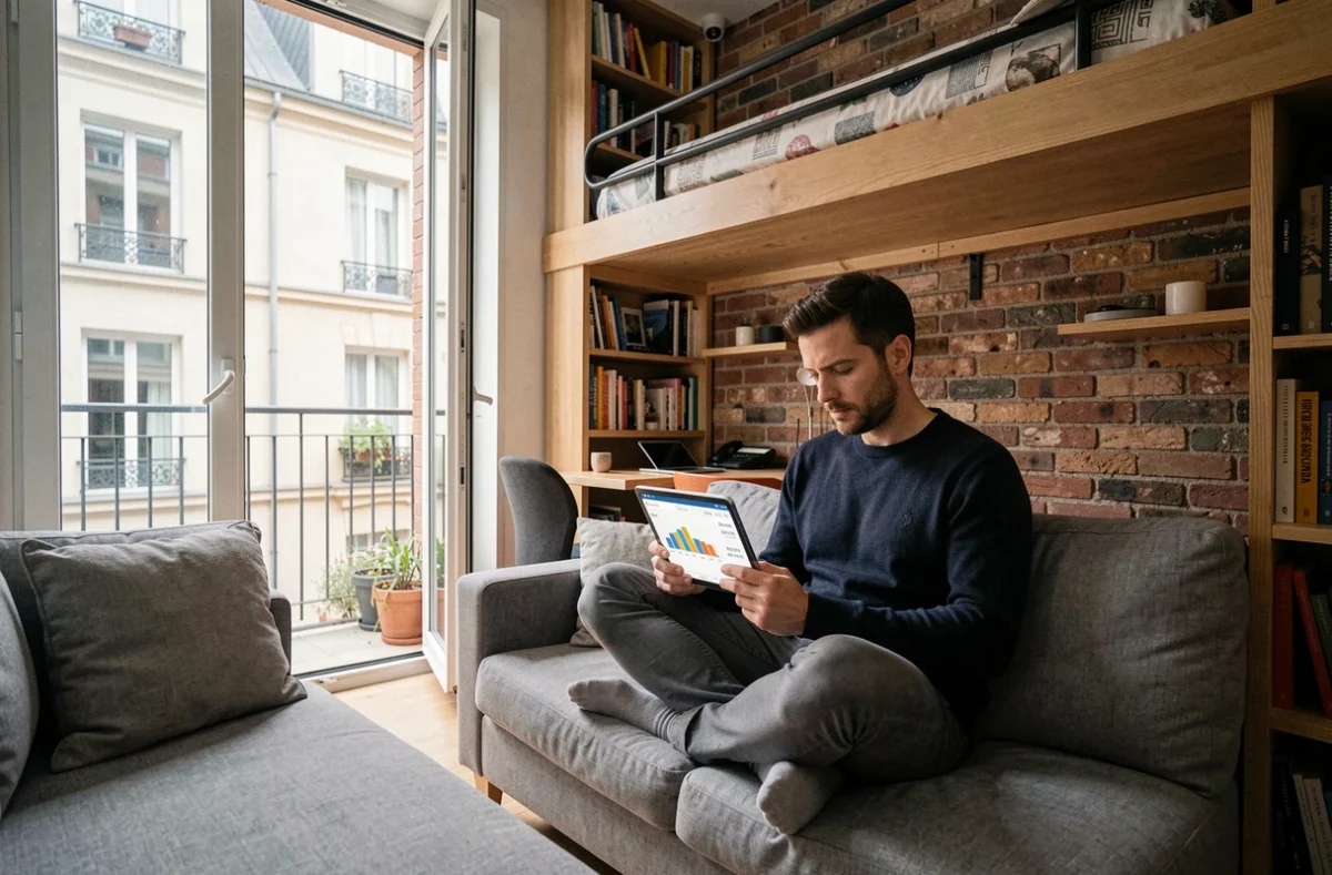 Homme consultant les prix au m² sur tablette dans un studio aménagé à Lyon, immobilier locatif urbain
