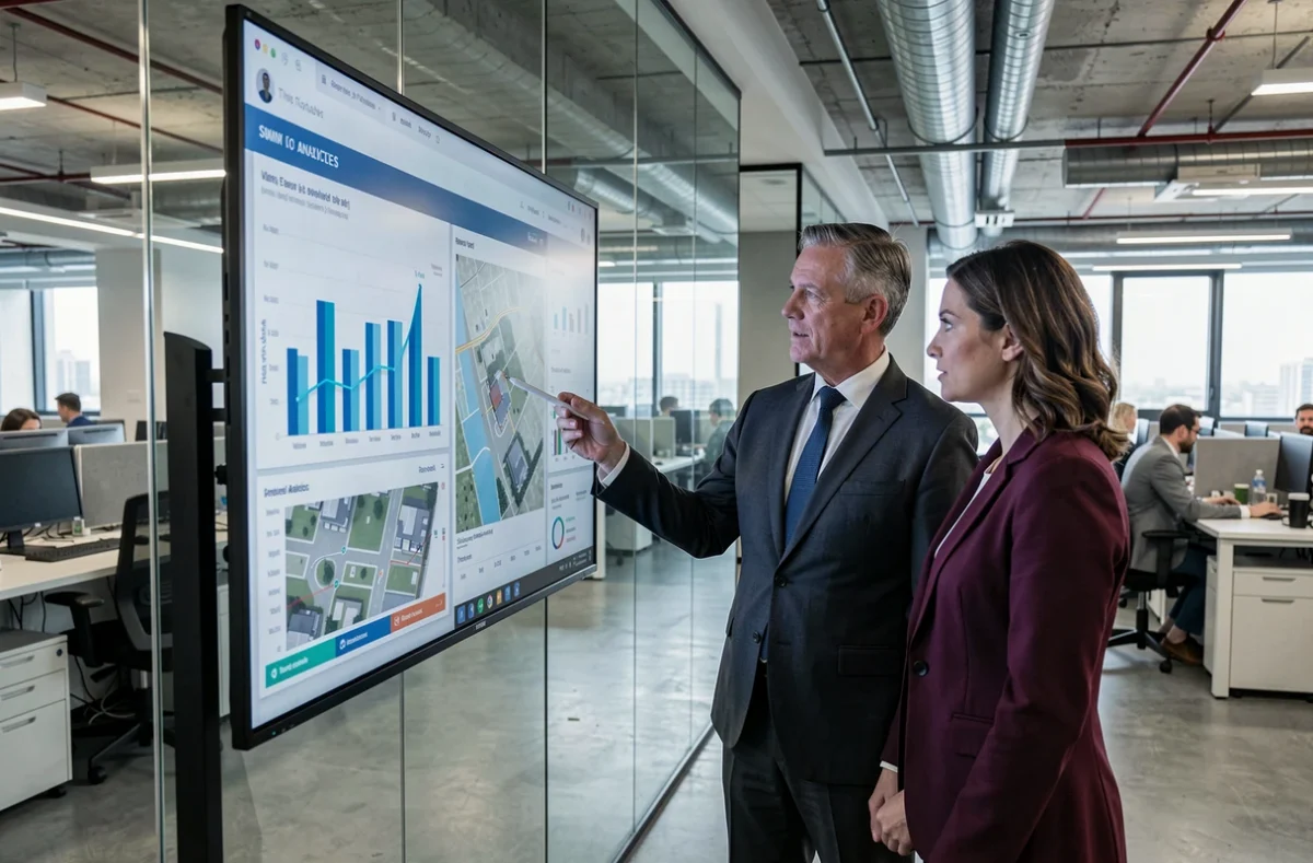 Deux professionnels de l'immobilier discutant de graphiques d'estimation sur un écran interactif dans un bureau moderne
