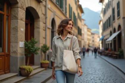 Femme se promenant à pied dans une rue piétonne de l'hyper-centre de Grenoble avec des commerces de proximité