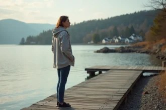 Femme contemplant un quai en bois au bord du lac
