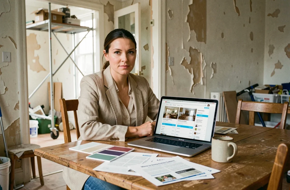 Femme propriétaire comparant des plateformes de rénovation sur un ordinateur portable avec des devis posés sur la table