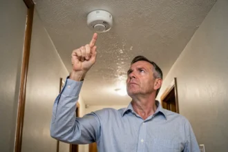 Propriétaire montrant un détecteur de fumée installé au plafond d'un appartement