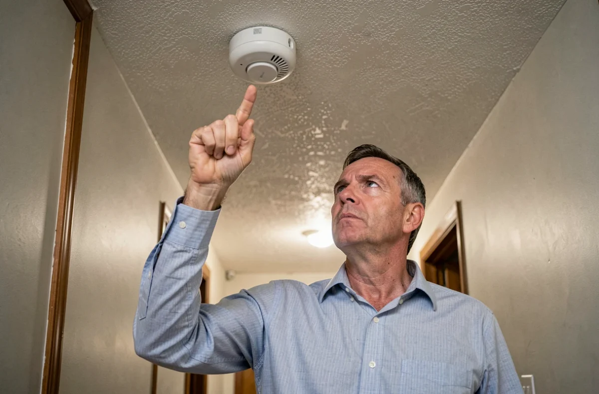Propriétaire montrant un détecteur de fumée installé au plafond d'un appartement