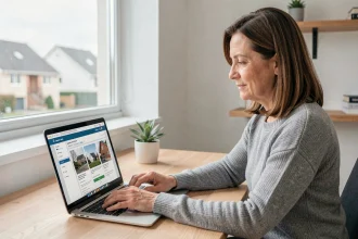 Propriétaire utilisant l'espace en ligne Prop Itea sur un ordinateur portable dans un bureau à domicile moderne