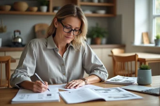 Propriétaire vérifiant la liste de mobilier obligatoire pour une location meublée à sa table de cuisine
