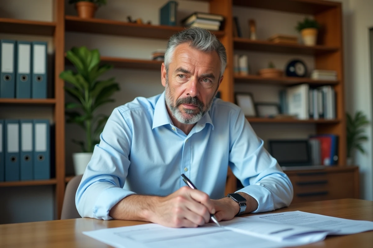Propriétaire LMNP examinant des documents d'inscription administrative à son bureau à domicile