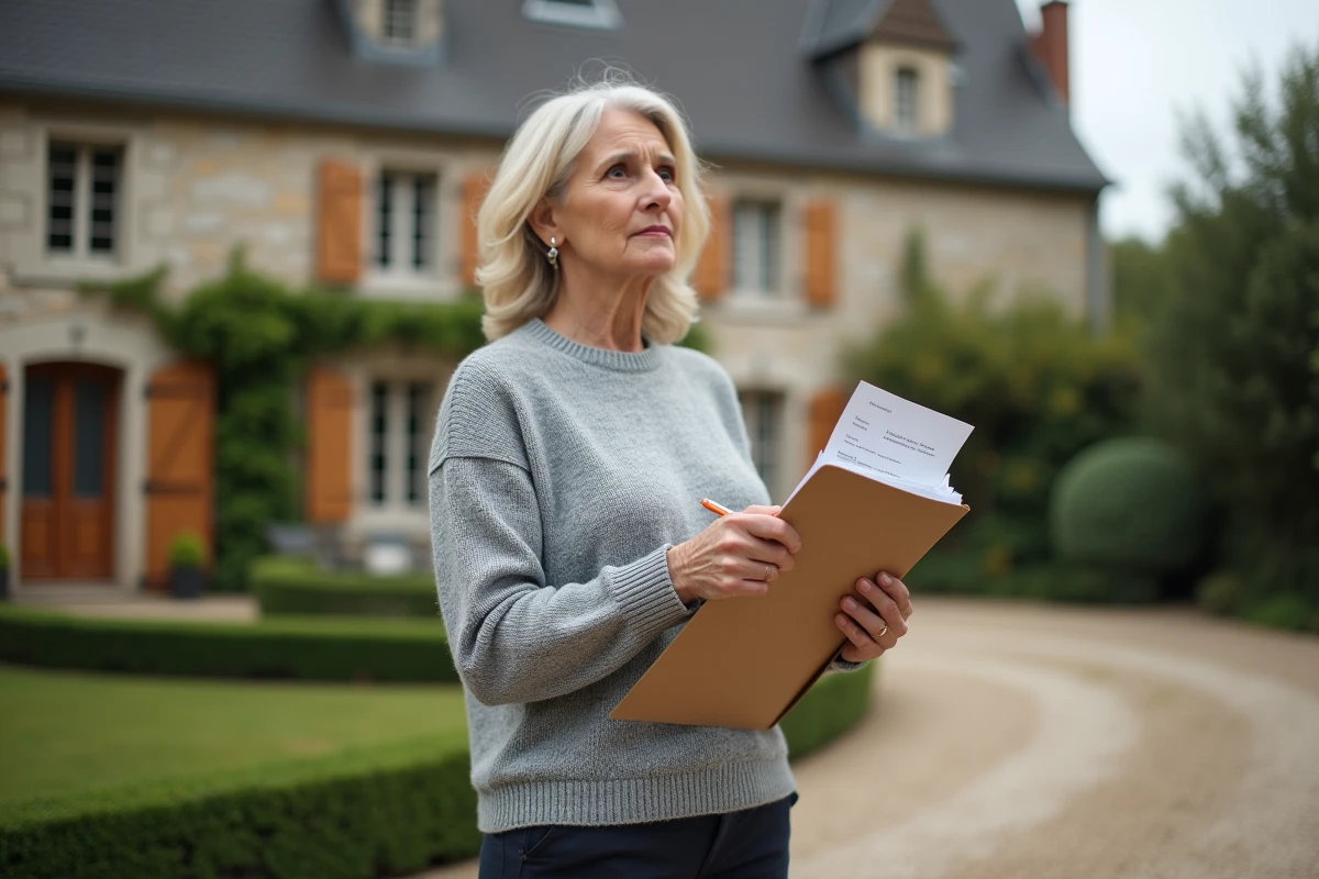 Propriétaire femme devant sa maison familiale tenant des documents d'actes immobiliers dans le cadre d'une gestion patrimoniale en SCI