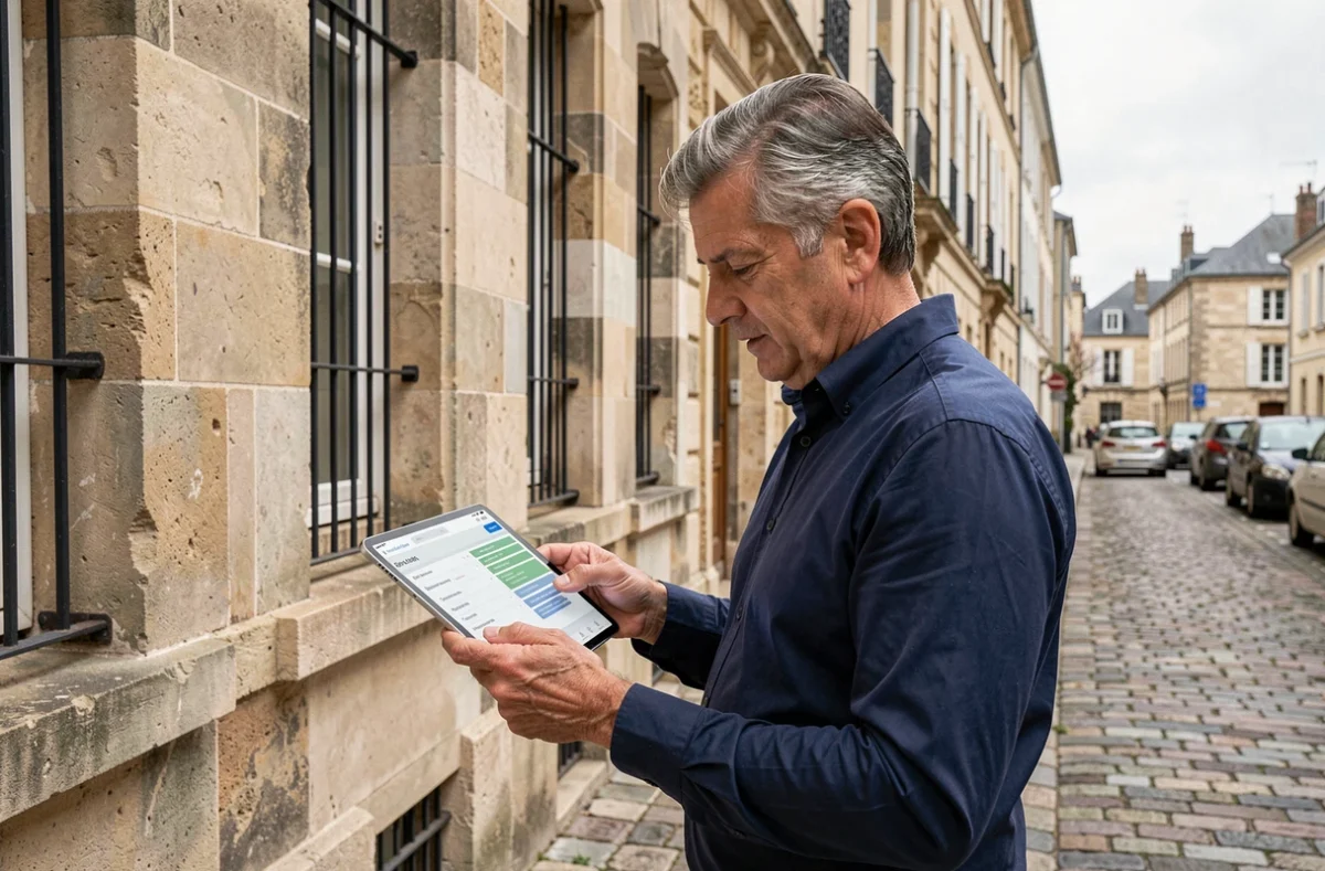 Propriétaire consultant son espace Prop Itea sur une tablette devant un immeuble en pierre en France