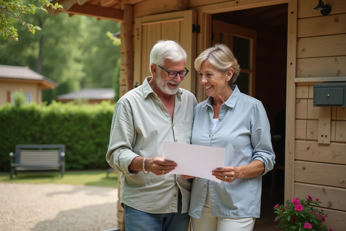 Couple de propriétaires devant leur chalet en camping vendéen examinant des documents de vente