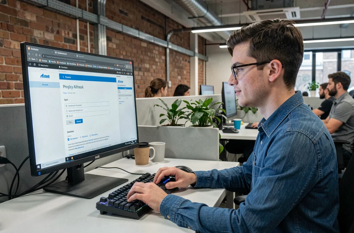 Jeune homme paramétrant un proxy sur ordinateur dans un espace de coworking pour débloquer un site