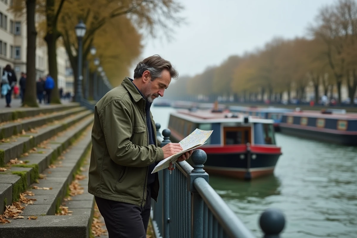 Homme consultant une carte touristique sur les quais du Rhône à Lyon avec des péniches en arrière-plan