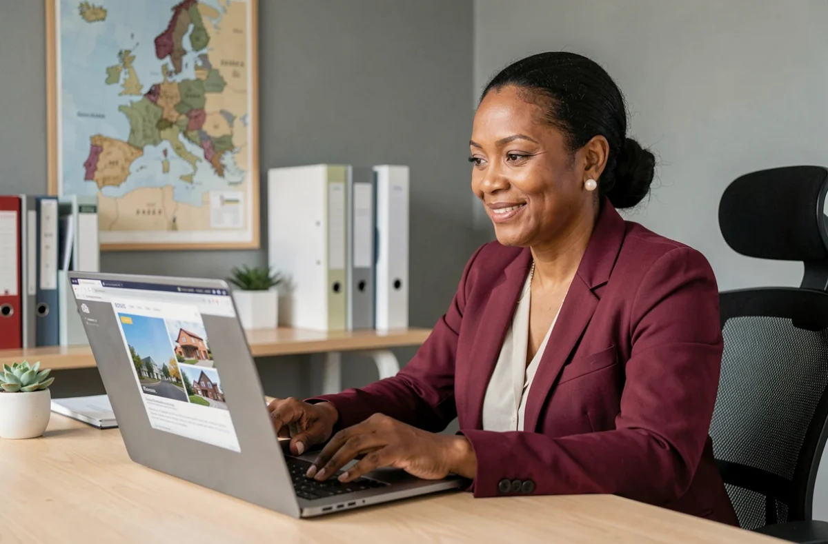 Rakotomavo Christiane, chasseur immobilier, consultant un rapport digital dans son bureau à Grenoble