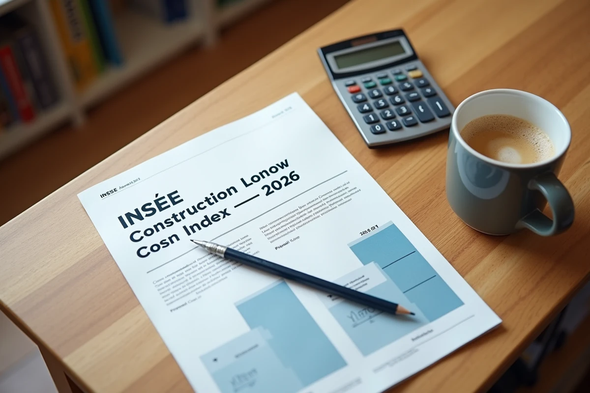 Rapport INSEE indice coût de la construction 2026 posé sur un bureau avec calculatrice et notes de copropriété