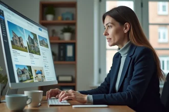 Femme professionnelle recherchant des opportunités immobilières cachées sur MOTEUR IMMO depuis son bureau à domicile