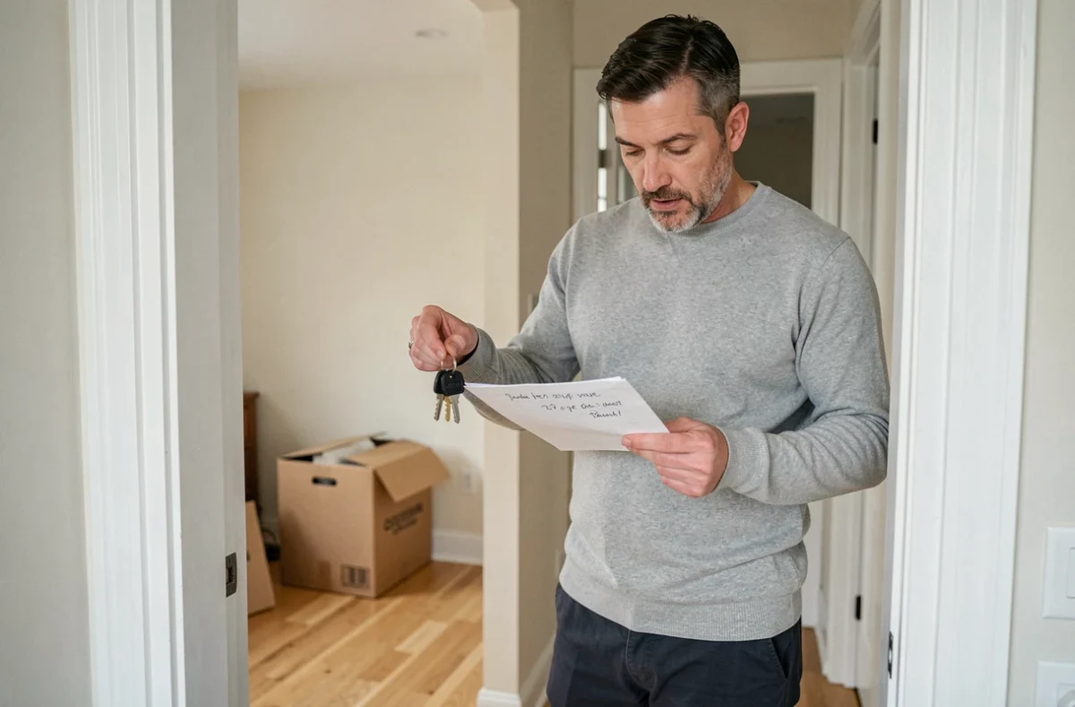 Homme tenant des clés d'appartement et annotant un formulaire de réserves lors d'une remise de clés