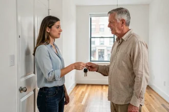 Locataire remettant les clés à un propriétaire lors de l'état des lieux de sortie dans un appartement vide