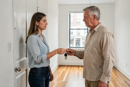 Locataire remettant les clés à un propriétaire lors de l'état des lieux de sortie dans un appartement vide