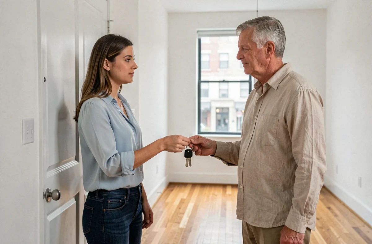 Locataire remettant les clés à un propriétaire lors de l'état des lieux de sortie dans un appartement vide