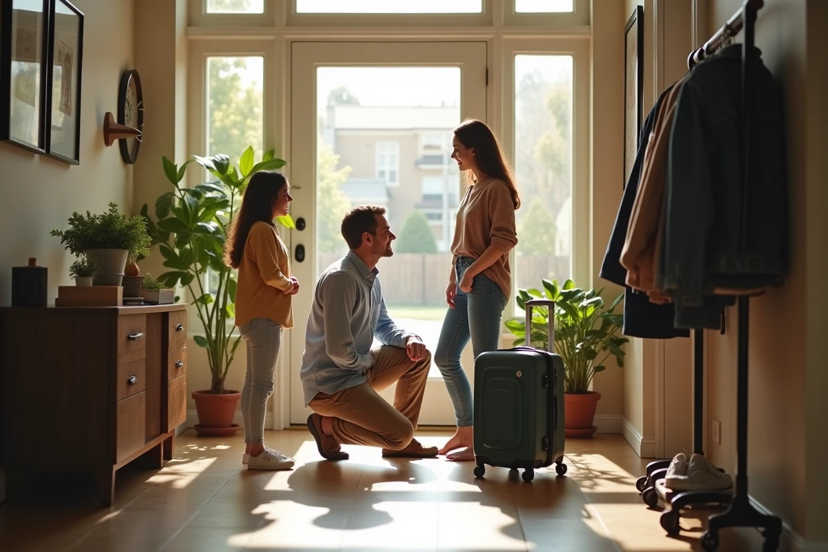 Père accueillant sa fille et des amis dans un salon lumineux
