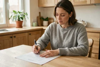 Femme signant une lettre de résiliation d'assurance habitation à une table en bois dans un appartement moderne