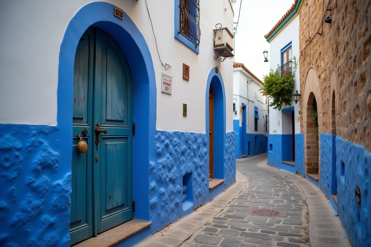 Rue étroite de la médina d'Essaouira avec maisons bleues et blanches à louer en longue durée par des particuliers