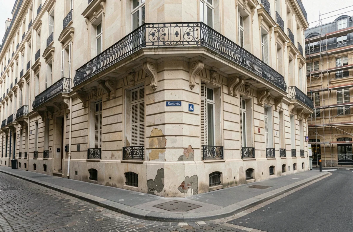 Façade en pierre de taille du 26 rue Sorbier dans le 20e arrondissement de Paris, entre rénovation et patrimoine ancien dans le quartier Ménilmontant