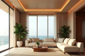 Salon luxueux d'un appartement haut standing à Dakar avec vue sur l'océan Atlantique et finitions en marbre
