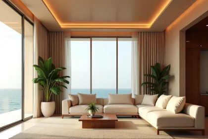 Salon luxueux d'un appartement haut standing à Dakar avec vue sur l'océan Atlantique et finitions en marbre