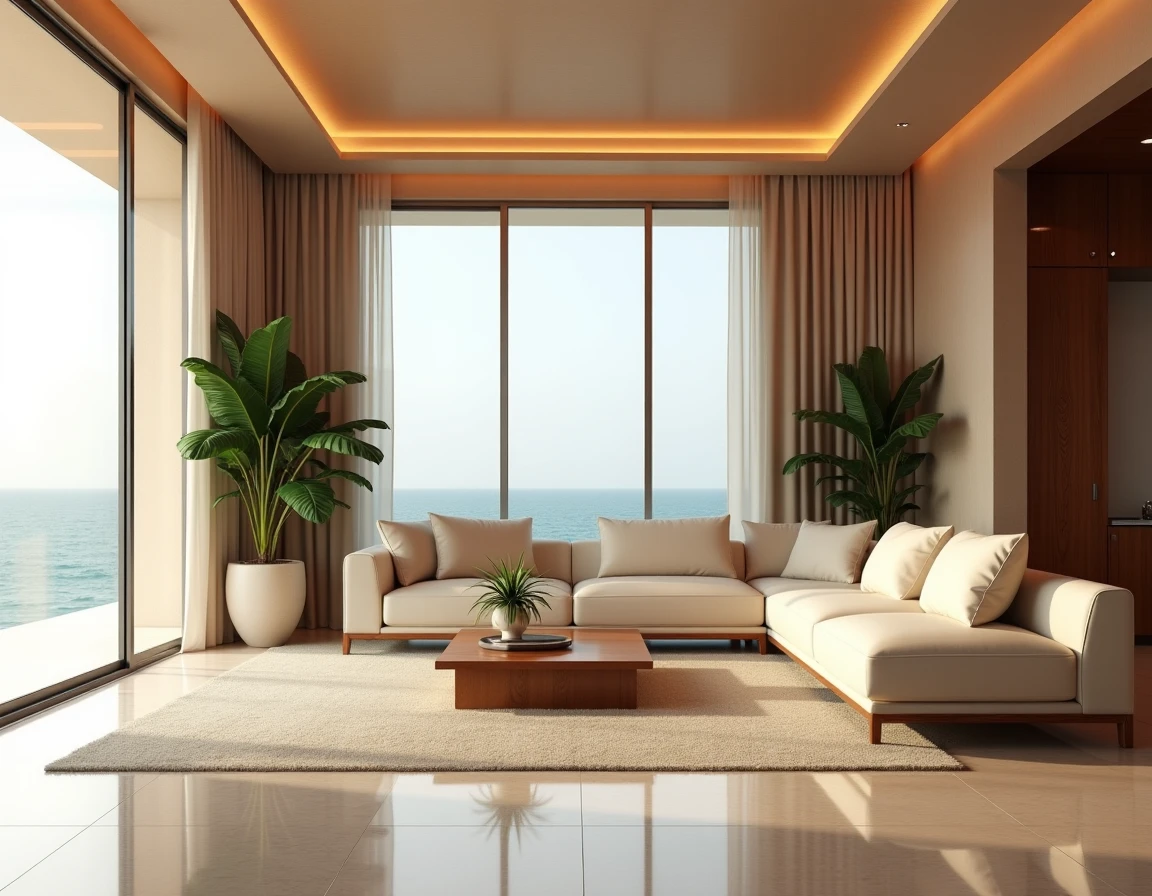 Salon luxueux d'un appartement haut standing à Dakar avec vue sur l'océan Atlantique et finitions en marbre