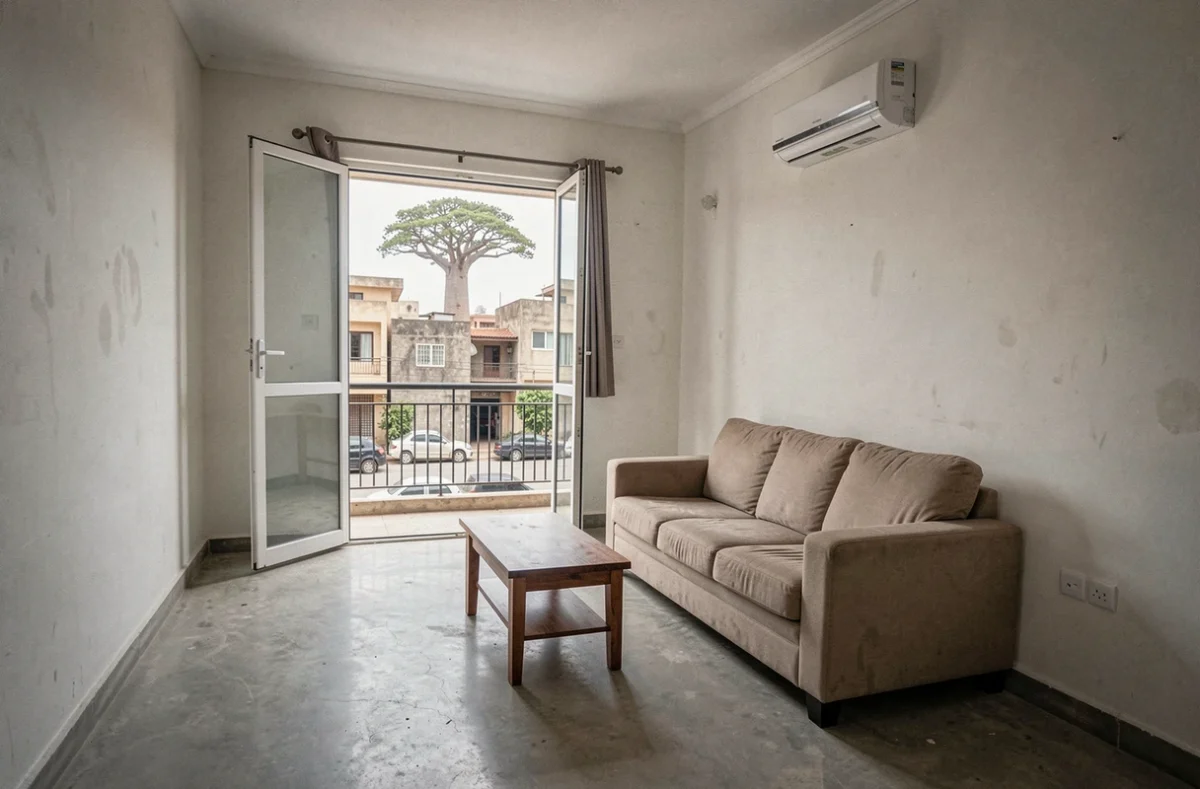 Salon d'un appartement meublé en location à Dakar avec vue sur la rue