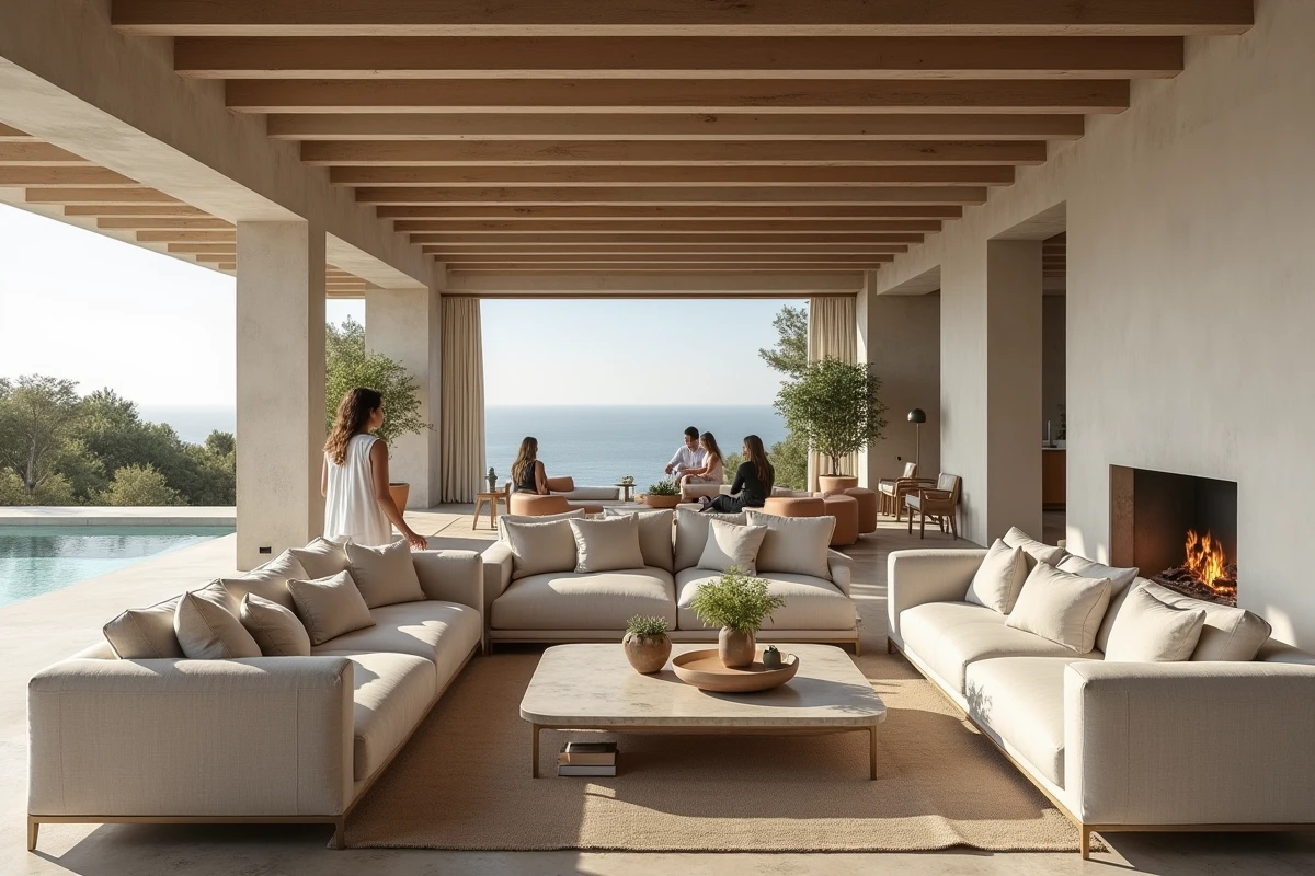 Salon intérieur d'une villa de luxe à Ibiza avec invités lors d'un événement sophistiqué, architecture brute et décoration naturelle
