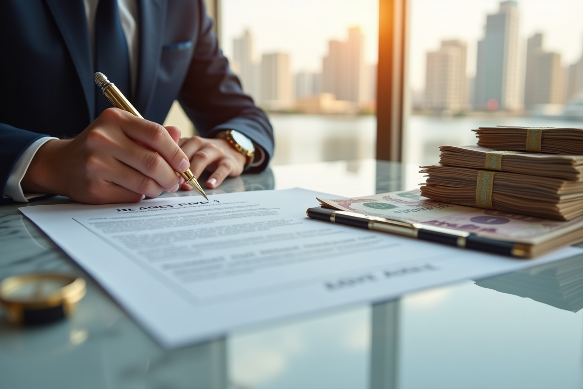 Main signant un contrat immobilier luxe avec vue sur Dubaï marina