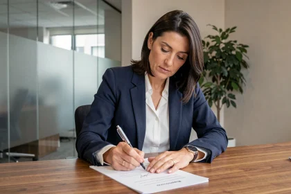 Femme signant un document de remise de clés avec réserves dans une agence immobilière