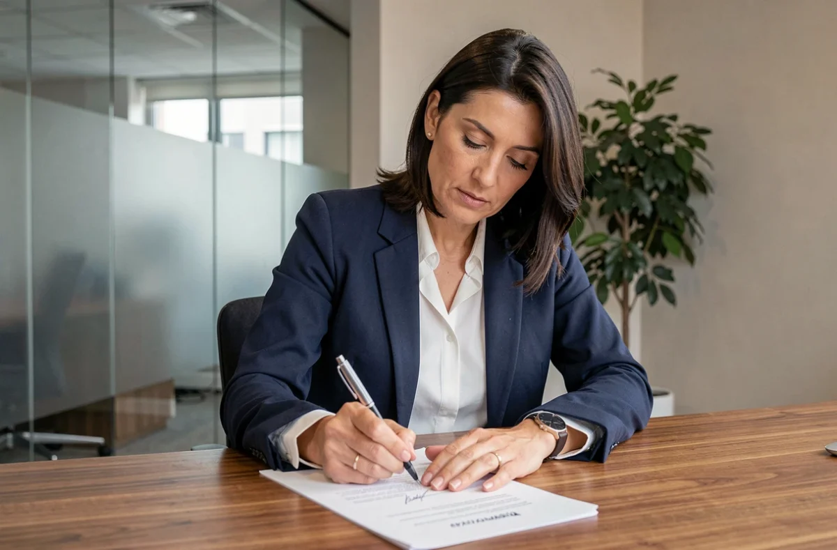Femme signant un document de remise de clés avec réserves dans une agence immobilière