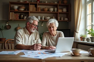 Couple de retraités examinant une simulation de viager sur ordinateur portable avec documents financiers sur table en bois