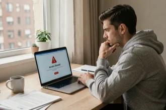 Homme frustré devant un écran d'ordinateur affichant un message de blocage d'accès à un site web
