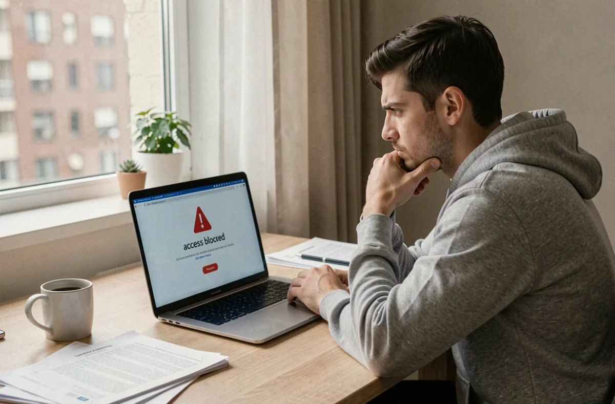 Homme frustré devant un écran d'ordinateur affichant un message de blocage d'accès à un site web