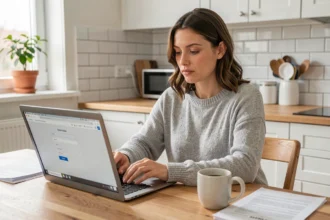 Femme souscrivant une assurance habitation en ligne depuis sa cuisine moderne sur un ordinateur portable